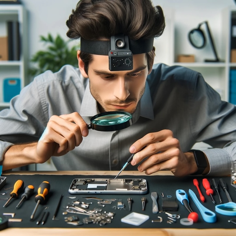 Man repairing an iphone Side hustles for men: repairing items | Source: DALL-E