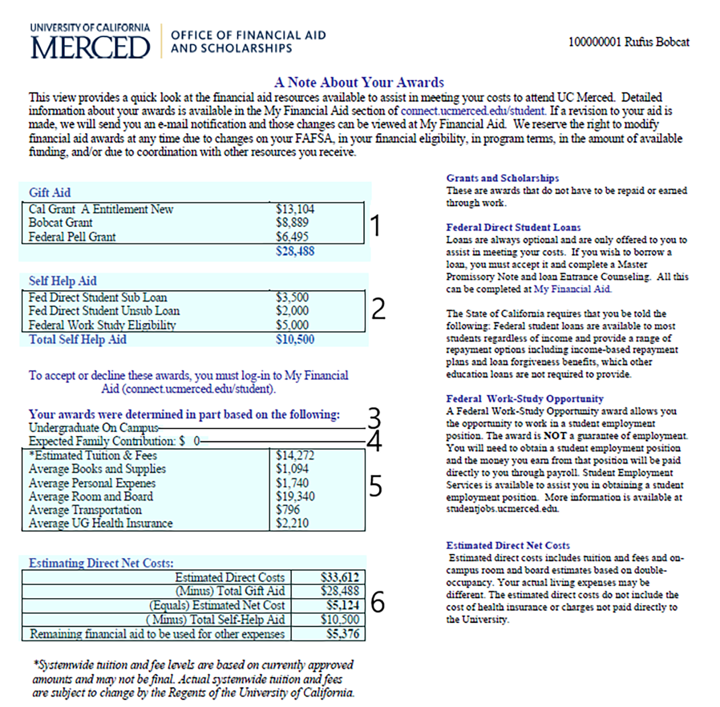 Financial Aid Award Financial Aid Award Letter Sample | Source: UC Merced