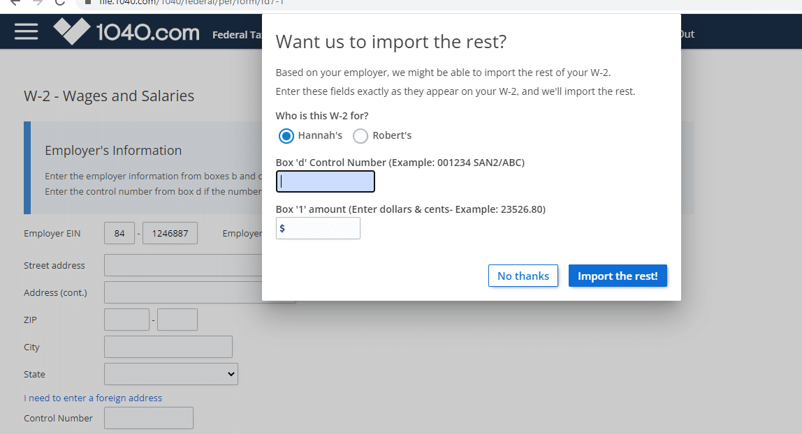 Upload W2 1040 Review 1040.com review: Screenshot of how to upload W2
