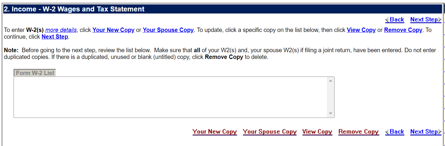 Screenshot of 1040Now's complicated process for adding a W-2 Screenshot of 1040Now's complicated process for adding a W-2