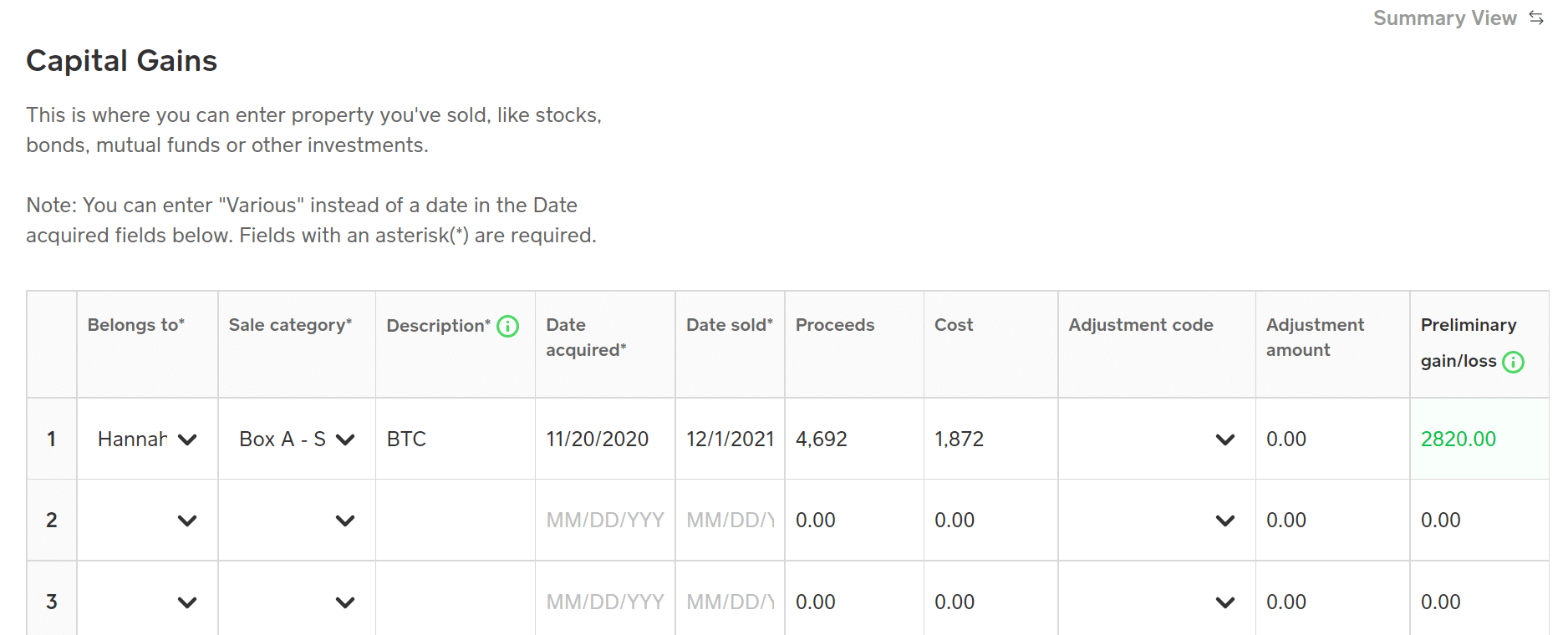 Cash App Taxes trade entry page Screenshot of Cash App taxes trade entry page