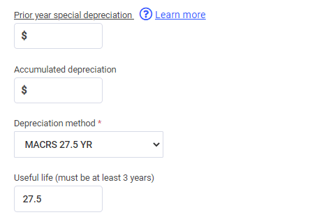 Screenshot of E-file.com's manual inputs for accumulated depreciation Screenshot of E-file.com's manual inputs for accumulated depreciation