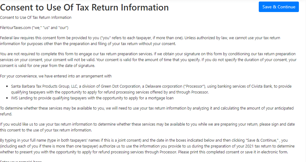 Screenshot of FileYourTaxes.com's consent to use tax return form Screenshot of FileYourTaxes.com's consent to use tax return form