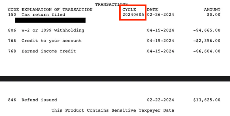 IRS-Tax-Transcript-With-Cycle-Code IRS Tax Transcript with Cycle Code Highlighted | Source: The College Investor