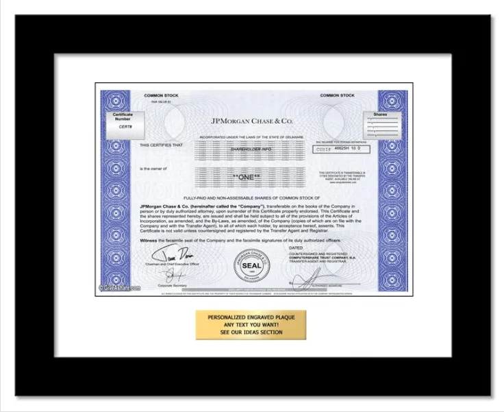 JP Morgan Chase Framed stock certificate JP Morgan Chase Framed Stock Certificate | Source: GiveAShare