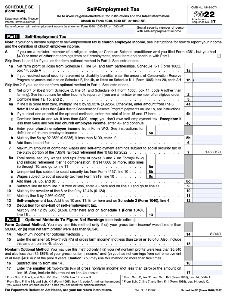 Schedule SE 2022 IRS Schedule SE