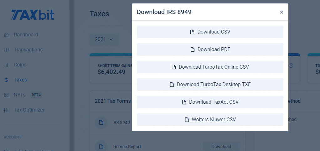 TaxBit Download IRS Form 8949 Screenshot TaxBit Download IRS Form 8949