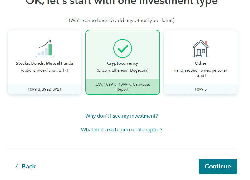 TurboTax Crypto Screenshot TurboTax Crypto Selection