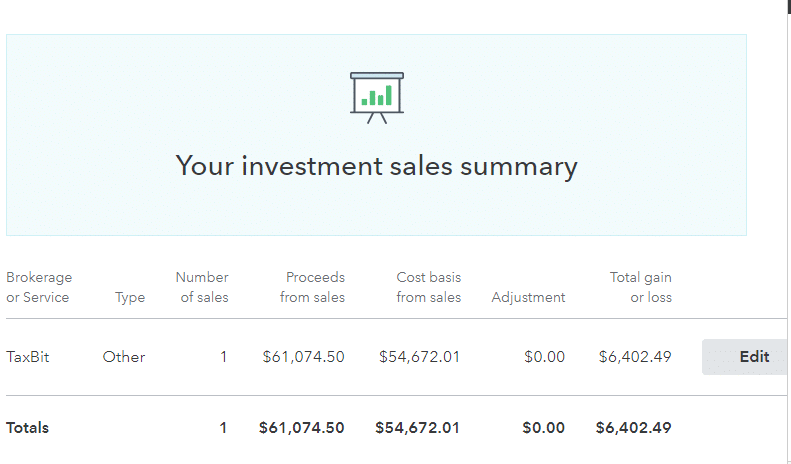 TurboTax Investment Sales Summary Screenshot of TurboTax Investment Sale Summary