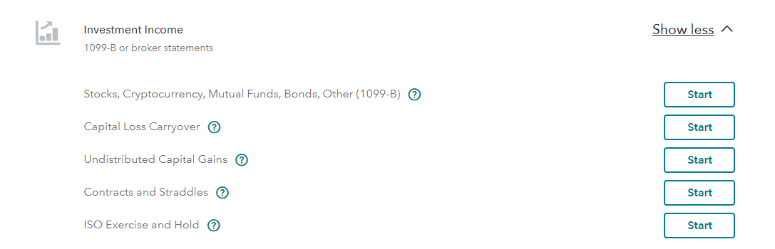 TurboTax Investment Section Screennshot of TurboTax Investment Section