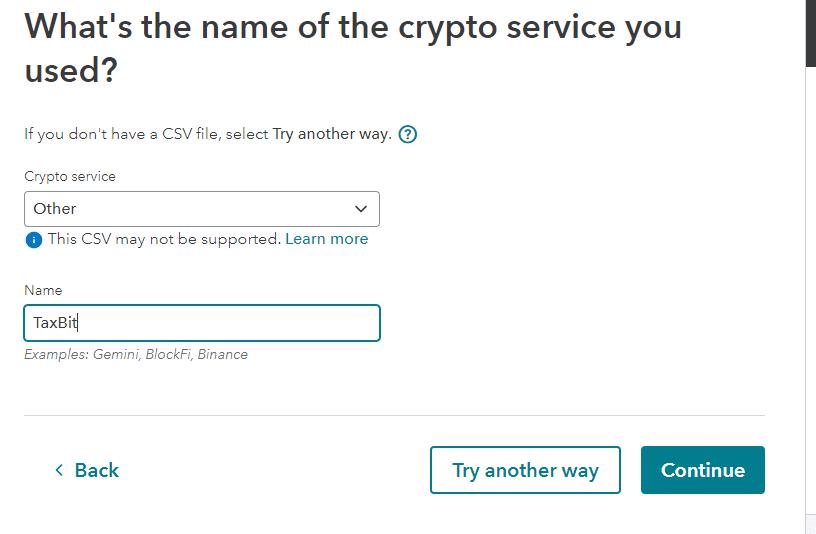 TurboTax Name Of Crypto Service Screenshot Select Name Of Crypto Service